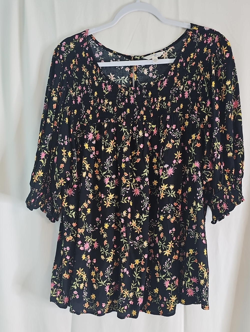 Terra & Sky Black Floral Smocked Yoke Tunic with Pink & Yellow Flowers